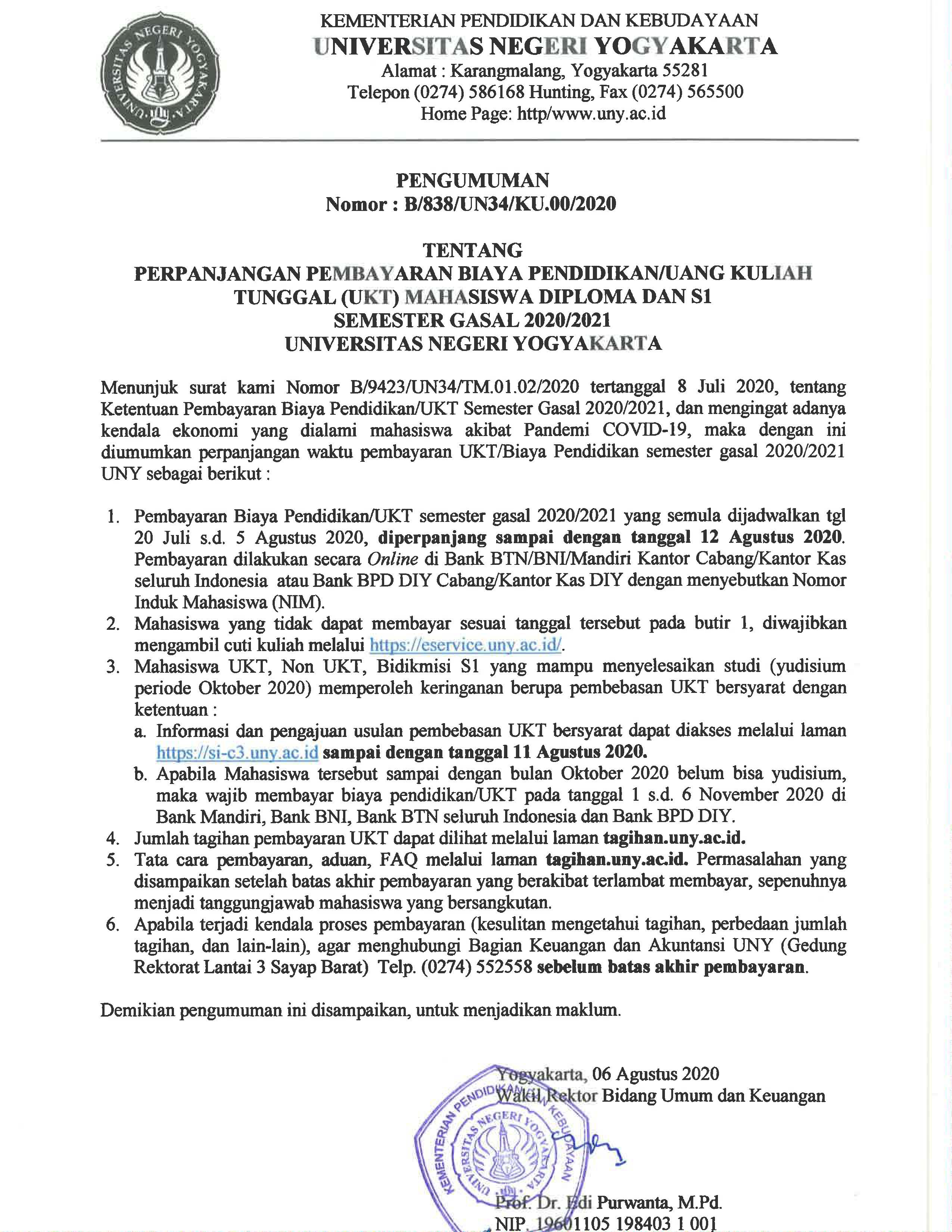 Perpanjangan Pembayaran Biaya Pendidikanukt Semester Gasal 20202021 Universitas Negeri 7515